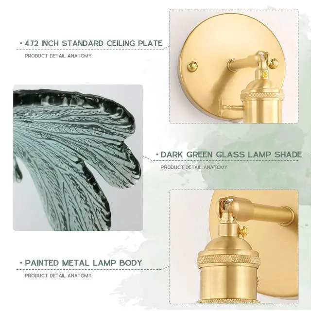 Alt view image 3 of 7 - Vintage Sconce Over Mirror Mid Century Modern Wall Sconce Light Fixture Gold Bathroom Vanity Lights with Dark Green Flower Glass Shade 90 Degree Adjustable Hardwired Wall Lighting
