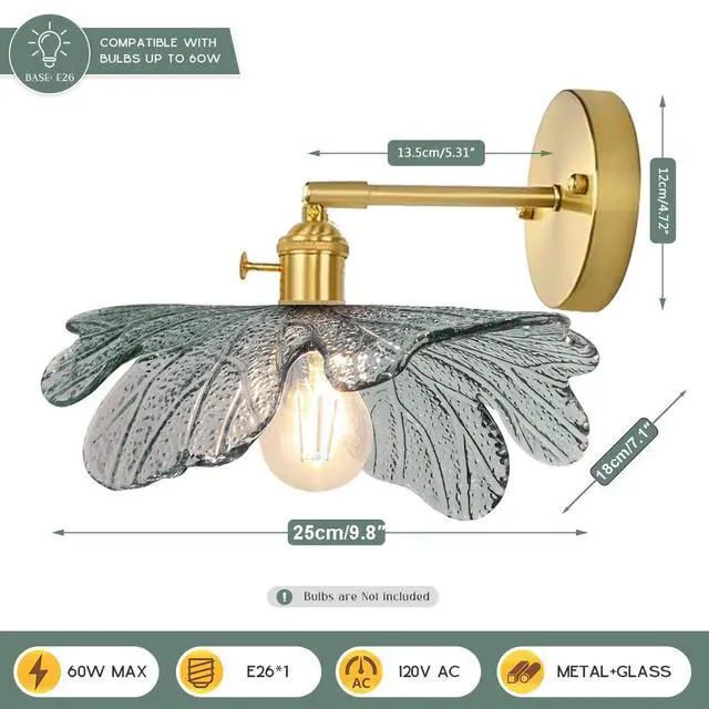 Alt view image 2 of 7 - Vintage Sconce Over Mirror Mid Century Modern Wall Sconce Light Fixture Gold Bathroom Vanity Lights with Dark Green Flower Glass Shade 90 Degree Adjustable Hardwired Wall Lighting