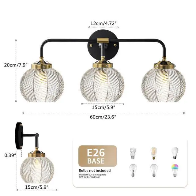 Alt view image 2 of 7 - Bathroom Vanity Light Clear Glass Globe Wall Light Fixture Ribbed Glass Shade Mid Century Wall Sconce Lights Fixtures Over Mirror Modern Art Deco Sconces Farmhouse Bathroom Lighting