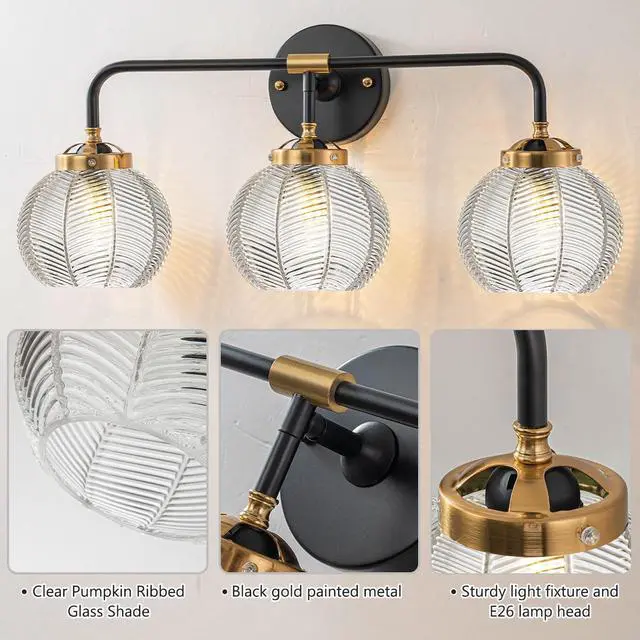 Alt view image 3 of 7 - Bathroom Vanity Light Fixture 3 Light Glass Globe Wall Sconce Lights | Black Wall Mount Light Fixtures with 5.9in Clear Glass Shade, Mid Century Modern Wall Sconce for Over Mirror Bedroom Hallway