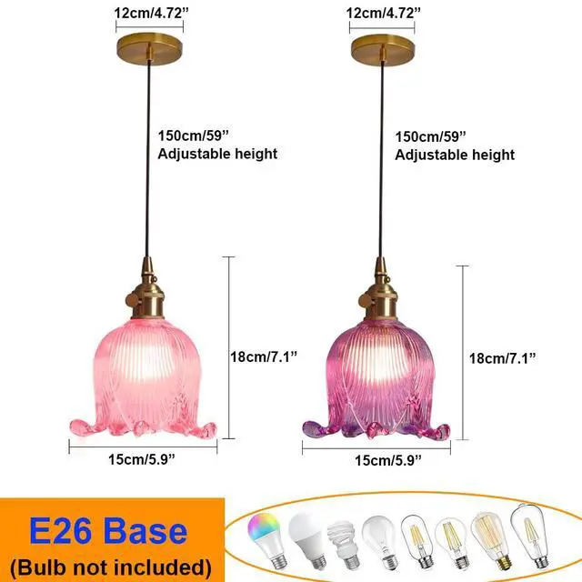 Alt view image 2 of 7 - Pink Flower Pendant Light Mid Century Modern Adjustable Hanging Light Small Retro Style Pendant Lighting with Gold Brass Finish 5.9Inch Flower Glass Shade for Living Room Kitchen