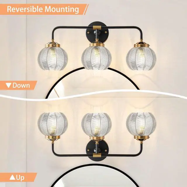 Alt view image 5 of 7 - Bathroom Vanity Light Clear Glass Globe Wall Light Fixture Ribbed Glass Shade Mid Century Wall Sconce Lights Fixtures Over Mirror Modern Art Deco Sconces Farmhouse Bathroom Lighting