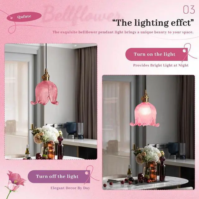 Alt view image 3 of 7 - Pink Flower Pendant Light Mid Century Modern Adjustable Hanging Light Small Retro Style Pendant Lighting with Gold Brass Finish 5.9Inch Flower Glass Shade for Living Room Kitchen