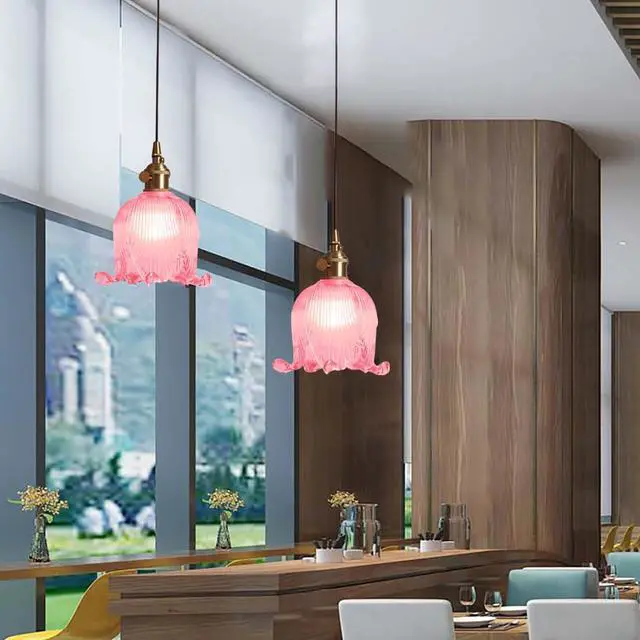 Alt view image 4 of 7 - Pink Flower Pendant Light Mid Century Modern Adjustable Hanging Light Small Retro Style Pendant Lighting with Gold Brass Finish 5.9Inch Flower Glass Shade for Living Room Kitchen