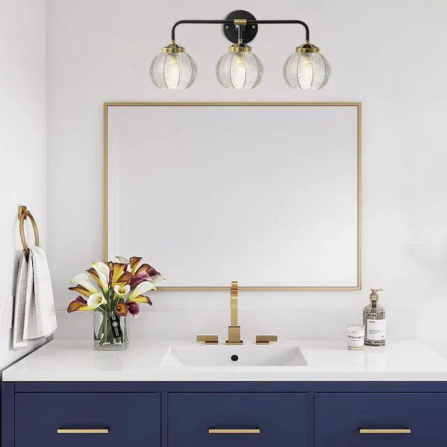 Alt view image 6 of 7 - Bathroom Vanity Light Clear Glass Globe Wall Light Fixture Ribbed Glass Shade Mid Century Wall Sconce Lights Fixtures Over Mirror Modern Art Deco Sconces Farmhouse Bathroom Lighting