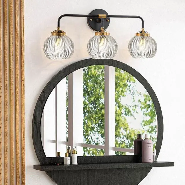 Alt view image 7 of 7 - Bathroom Vanity Light Clear Glass Globe Wall Light Fixture Ribbed Glass Shade Mid Century Wall Sconce Lights Fixtures Over Mirror Modern Art Deco Sconces Farmhouse Bathroom Lighting