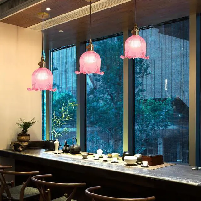 Alt view image 6 of 7 - Pink Flower Pendant Light Mid Century Modern Adjustable Hanging Light Small Retro Style Pendant Lighting with Gold Brass Finish 5.9Inch Flower Glass Shade for Living Room Kitchen