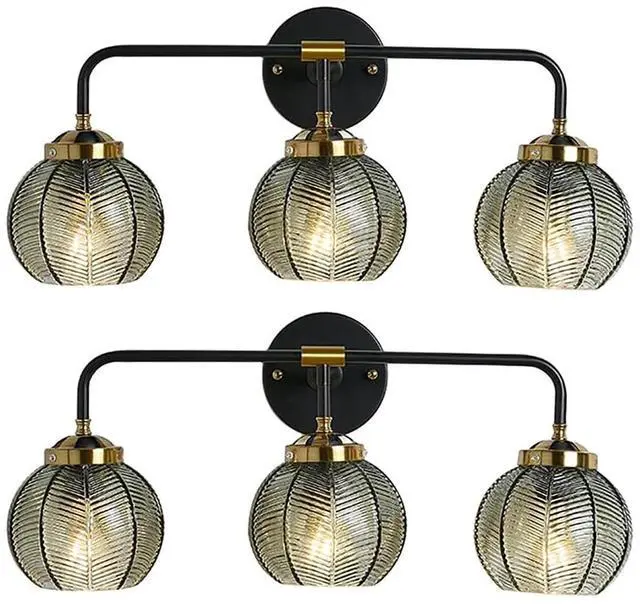 Main image of Thick Glass 3-Light Bathroom Vanity Lights Vintage Farmhouse Sconce | Ribbed Smoky Gray Globe Lamp Shade Mid Century Black Gold Bathroom Vanity Lights Fixtures art deco Dining Room above mirror