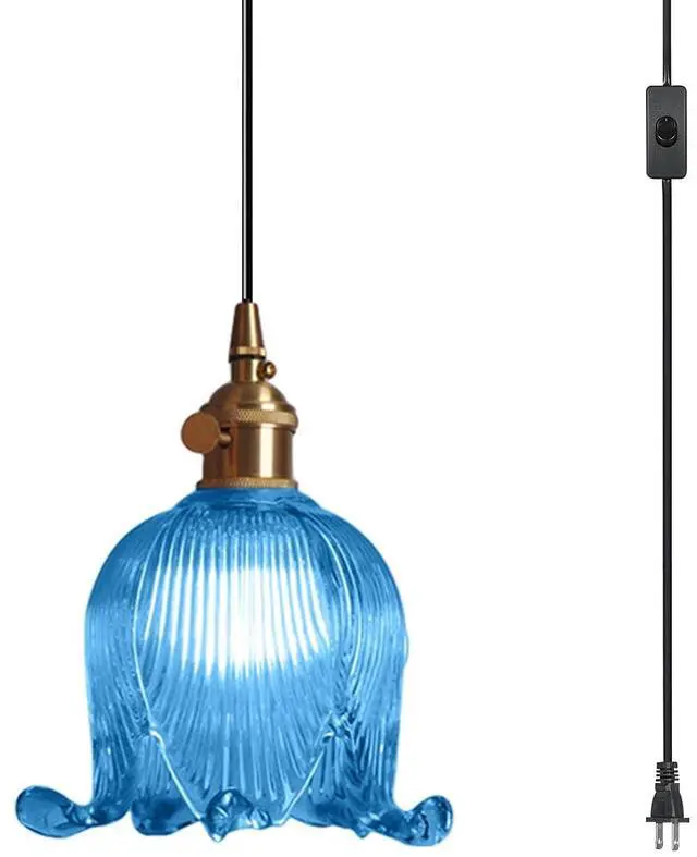 Main image of Plug in Pendant Light Fixture Vintage Hanging Lamp Blue Glass Globe Mid Century Pendant Light Retro Hanging Pendant Light Plug in Swag Lamps with 14.7 ft Switch Cord for Kitchen Bedroom