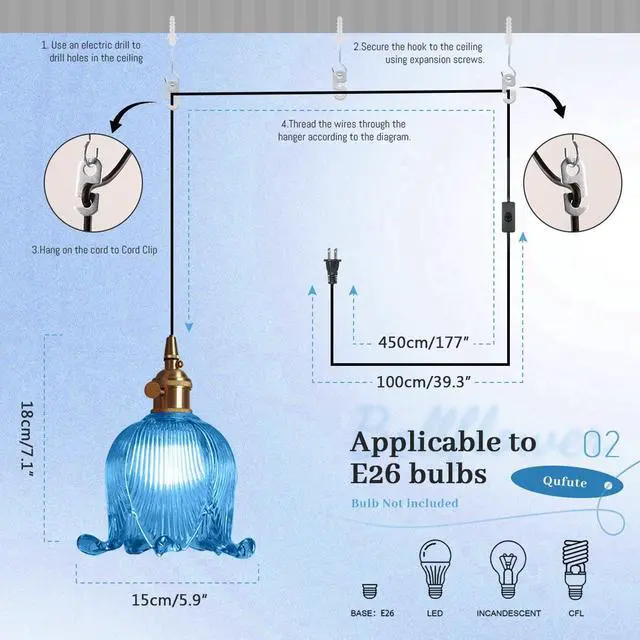 Alt view image 2 of 7 - Plug in Pendant Light Fixture Vintage Hanging Lamp Blue Glass Globe Mid Century Pendant Light Retro Hanging Pendant Light Plug in Swag Lamps with 14.7 ft Switch Cord for Kitchen Bedroom