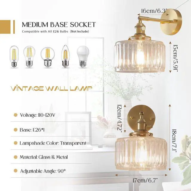 Alt view image 2 of 7 - Vanity Lights for Bathroom Mid Century Wall Sconce Light Fixture with Clear Glass Shade 90 Degree Adjustable Gold Brass Finish Hardwired Vintage Wall Lighting for Over Mirror Bedroom