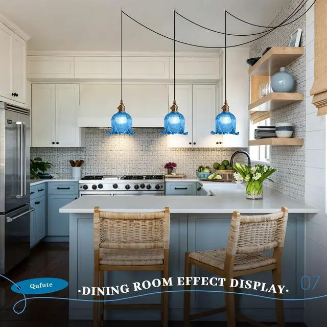 Alt view image 4 of 7 - Plug in Pendant Light Fixture Vintage Hanging Lamp Blue Glass Globe Mid Century Pendant Light Retro Hanging Pendant Light Plug in Swag Lamps with 14.7 ft Switch Cord for Kitchen Bedroom