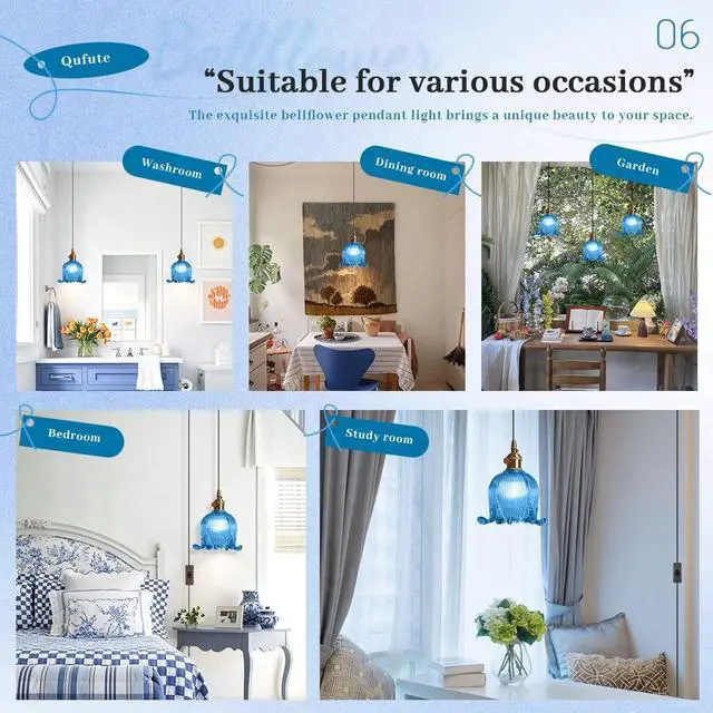 Alt view image 6 of 7 - Plug in Pendant Light Fixture Vintage Hanging Lamp Blue Glass Globe Mid Century Pendant Light Retro Hanging Pendant Light Plug in Swag Lamps with 14.7 ft Switch Cord for Kitchen Bedroom
