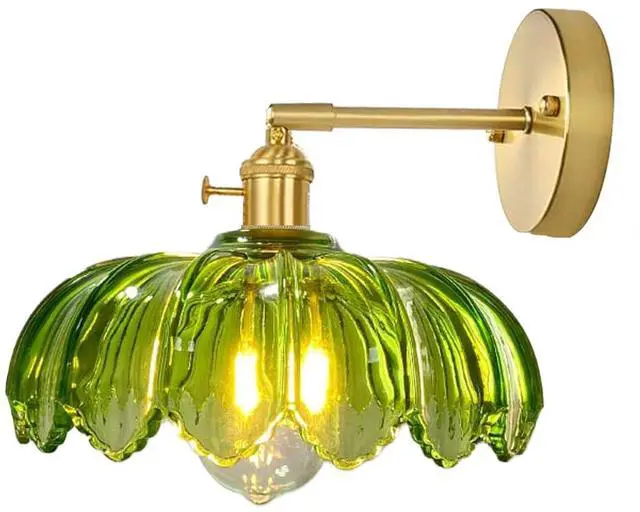 Main image of Gold Vanity Light Green Glass Bathroom Wall Sconce Brushed Brass Vanity Lamp Bathroom Light Fixtures with Flower Glass Shad Mid Century Vintage Wall Sconces for Over Mirror Bedroom
