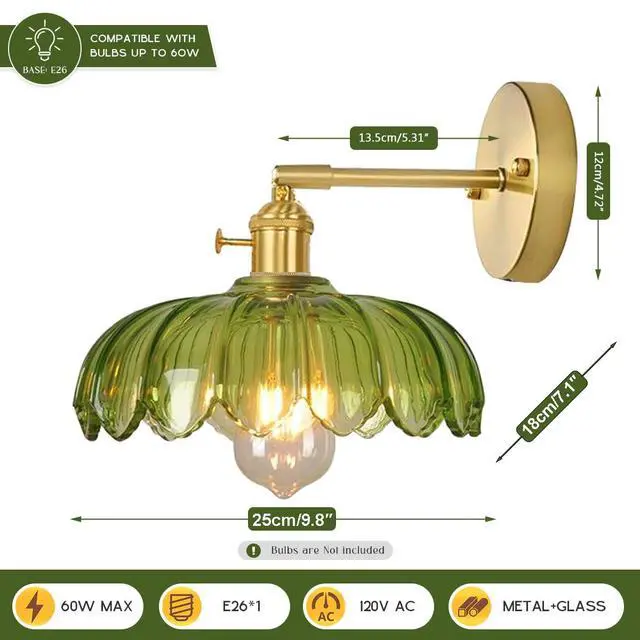 Alt view image 2 of 7 - Gold Vanity Light Green Glass Bathroom Wall Sconce Brushed Brass Vanity Lamp Bathroom Light Fixtures with Flower Glass Shad Mid Century Vintage Wall Sconces for Over Mirror Bedroom