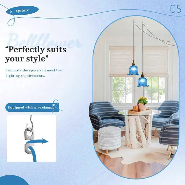 Alt view image 5 of 7 - Plug in Pendant Light Fixture Vintage Hanging Lamp Blue Glass Globe Mid Century Pendant Light Retro Hanging Pendant Light Plug in Swag Lamps with 14.7 ft Switch Cord for Kitchen Bedroom