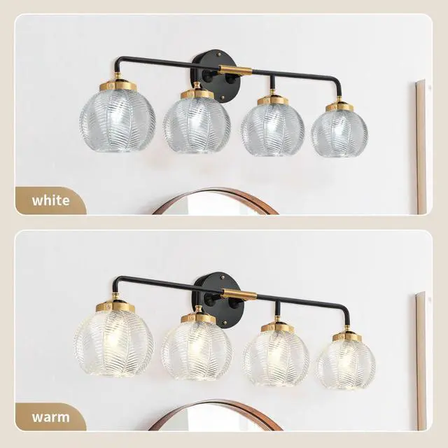 Alt view image 3 of 7 - 4-Light Black Gold Bathroom Light Fixture Vanity Light Sconces Wall Decor Set of 2 with Clear Glass Ribbed Globe Shade Bathroom Vanity Lights Above Mirror for Powder Room Farmhouse