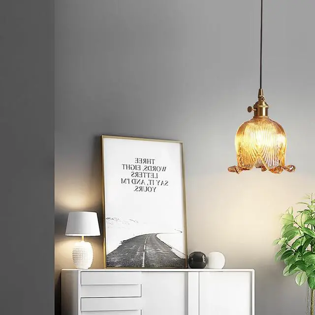 Alt view image 3 of 6 - Gold Modern Pendant Light Mid Century Glass Hanging Lights with Flower Amber Glass Shade 1-Light Vintage Brass Pendant Lighting for Kitchen Island Bedroom Living Dining Room (Amber)
