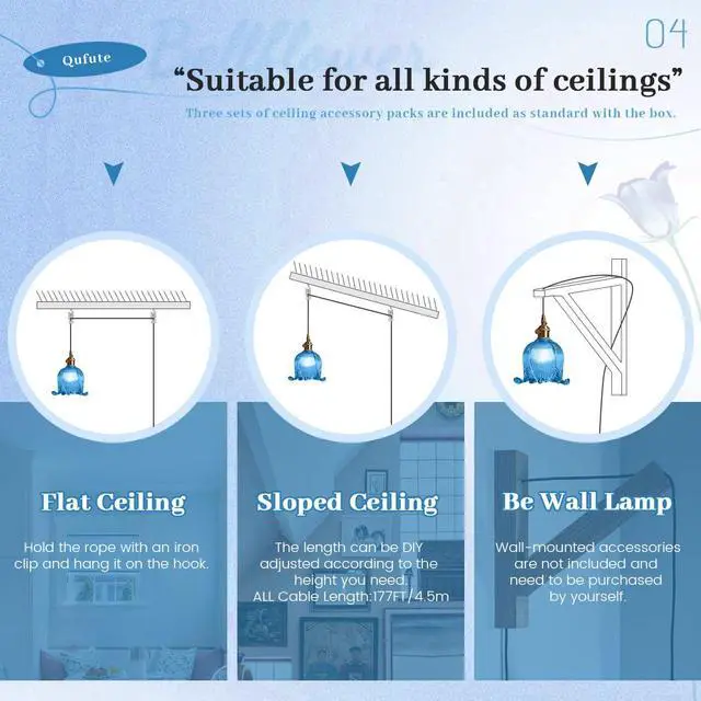 Alt view image 7 of 7 - Plug in Pendant Light Fixture Vintage Hanging Lamp Blue Glass Globe Mid Century Pendant Light Retro Hanging Pendant Light Plug in Swag Lamps with 14.7 ft Switch Cord for Kitchen Bedroom