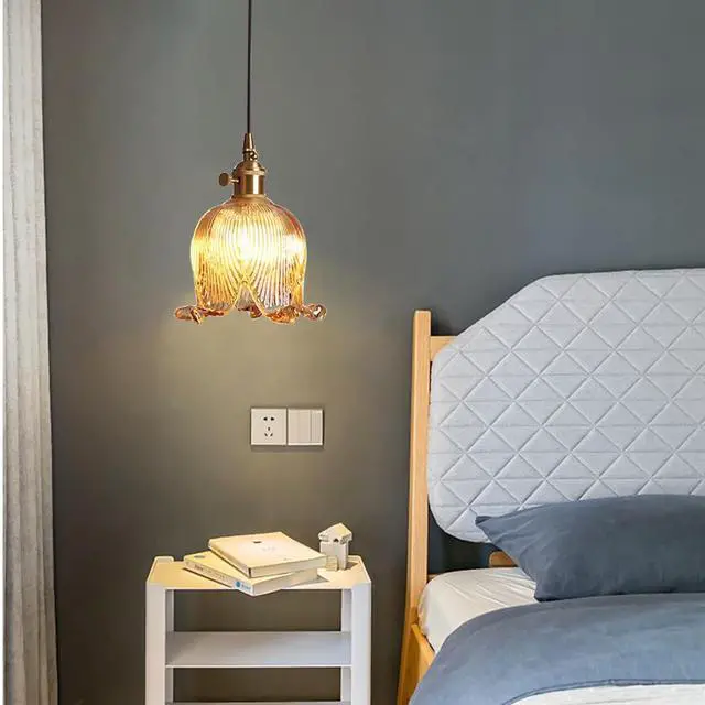 Alt view image 2 of 6 - Gold Modern Pendant Light Mid Century Glass Hanging Lights with Flower Amber Glass Shade 1-Light Vintage Brass Pendant Lighting for Kitchen Island Bedroom Living Dining Room (Amber)