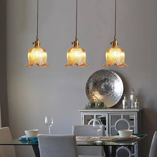 Alt view image 4 of 6 - Gold Modern Pendant Light Mid Century Glass Hanging Lights with Flower Amber Glass Shade 1-Light Vintage Brass Pendant Lighting for Kitchen Island Bedroom Living Dining Room (Amber)