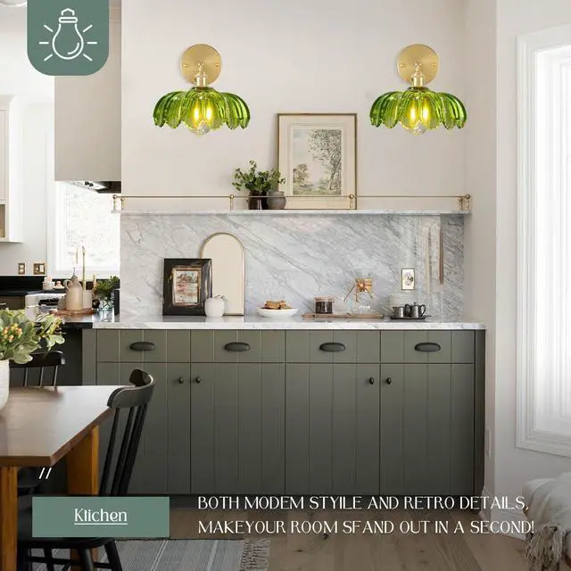 Alt view image 6 of 7 - Gold Vanity Light Green Glass Bathroom Wall Sconce Brushed Brass Vanity Lamp Bathroom Light Fixtures with Flower Glass Shad Mid Century Vintage Wall Sconces for Over Mirror Bedroom
