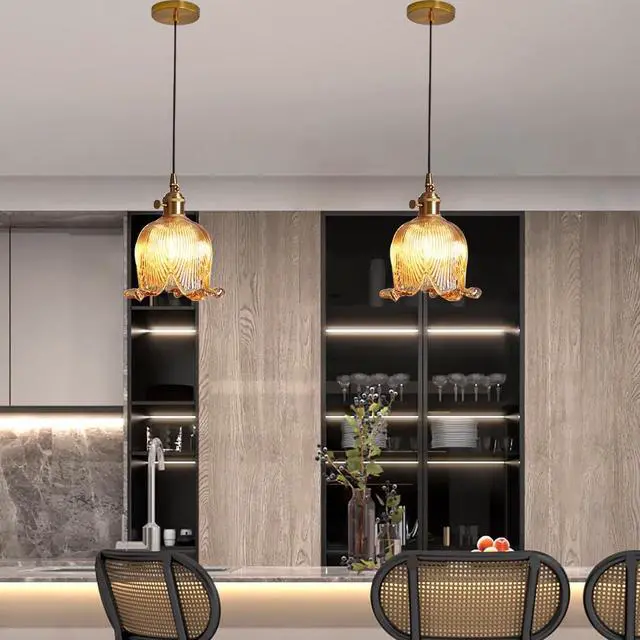 Alt view image 5 of 6 - Gold Modern Pendant Light Mid Century Glass Hanging Lights with Flower Amber Glass Shade 1-Light Vintage Brass Pendant Lighting for Kitchen Island Bedroom Living Dining Room (Amber)