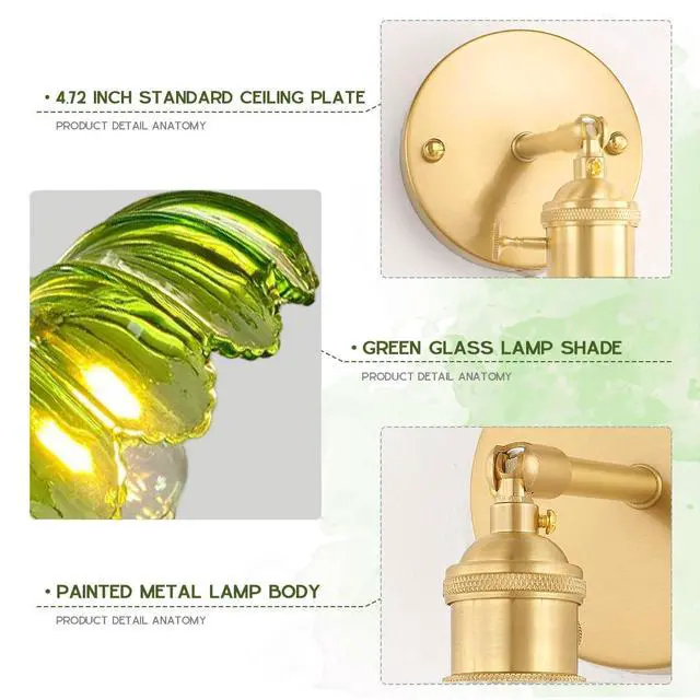Alt view image 3 of 7 - Gold Vanity Light Green Glass Bathroom Wall Sconce Brushed Brass Vanity Lamp Bathroom Light Fixtures with Flower Glass Shad Mid Century Vintage Wall Sconces for Over Mirror Bedroom