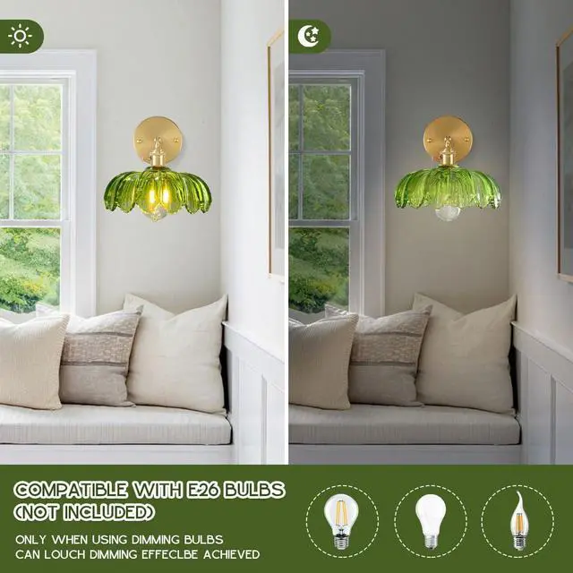 Alt view image 4 of 7 - Gold Vanity Light Green Glass Bathroom Wall Sconce Brushed Brass Vanity Lamp Bathroom Light Fixtures with Flower Glass Shad Mid Century Vintage Wall Sconces for Over Mirror Bedroom