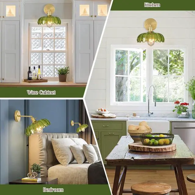 Alt view image 5 of 7 - Gold Vanity Light Green Glass Bathroom Wall Sconce Brushed Brass Vanity Lamp Bathroom Light Fixtures with Flower Glass Shad Mid Century Vintage Wall Sconces for Over Mirror Bedroom