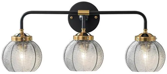 Main image of Black Bathroom Light Fixtures 3-Lights Vintage Vanity Wall Sconce Over Mirror with Ribbed Smoky Gray Globe Shade Mid Century Modern Lights Fixture Art Deco Farmhouse Vanity Lighting