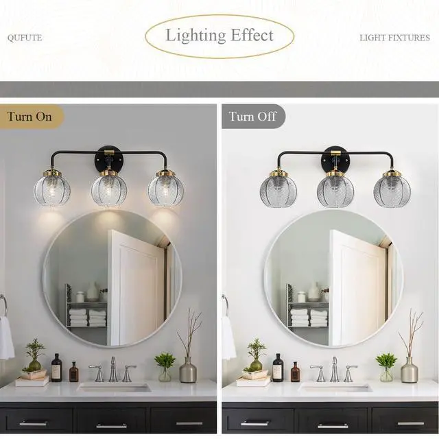 Alt view image 4 of 7 - Black Bathroom Light Fixtures 3-Lights Vintage Vanity Wall Sconce Over Mirror with Ribbed Smoky Gray Globe Shade Mid Century Modern Lights Fixture Art Deco Farmhouse Vanity Lighting