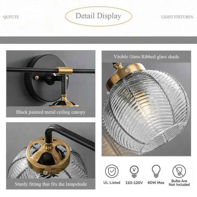 Alt view image 3 of 7 - Black Bathroom Light Fixtures 3-Lights Vintage Vanity Wall Sconce Over Mirror with Ribbed Smoky Gray Globe Shade Mid Century Modern Lights Fixture Art Deco Farmhouse Vanity Lighting