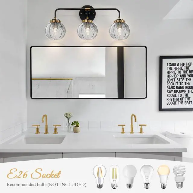 Alt view image 5 of 7 - Black Bathroom Light Fixtures 3-Lights Vintage Vanity Wall Sconce Over Mirror with Ribbed Smoky Gray Globe Shade Mid Century Modern Lights Fixture Art Deco Farmhouse Vanity Lighting