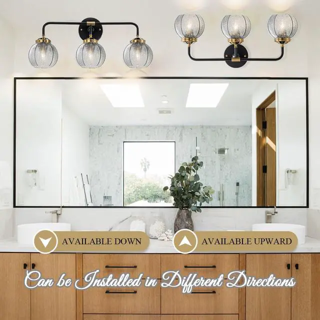 Alt view image 6 of 7 - Black Bathroom Light Fixtures 3-Lights Vintage Vanity Wall Sconce Over Mirror with Ribbed Smoky Gray Globe Shade Mid Century Modern Lights Fixture Art Deco Farmhouse Vanity Lighting