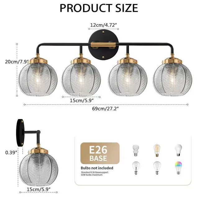 Alt view image 2 of 7 - 4-Light Bathroom Vanity Light Black Wall Light Sconces with Smoky Gray Glass Shade Mid Century Bathroom Wall Lights Fixtures Modern Vanity Lamp for Over Mirror Living Room Cabinet
