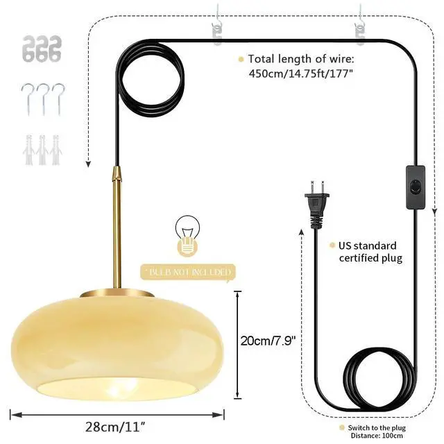 Alt view image 2 of 7 - Plug in Hanging Lamp Milk Yellow Pendant Light Plug in Cord Glass Globe Pendant Light Gold Brass Swag Lights with 14.7 ft Cord On/Off Switch Mid Century Modern Hanging lamp Kitchen