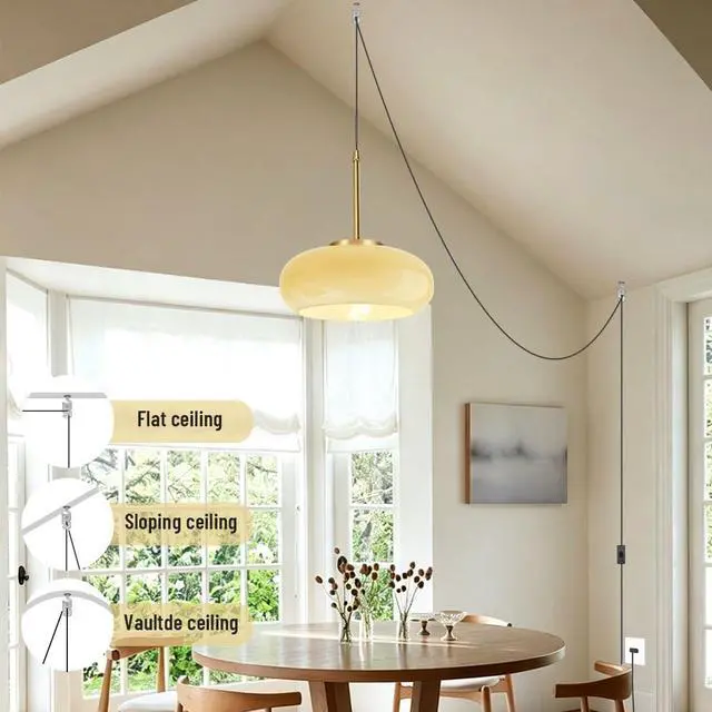 Alt view image 5 of 7 - Plug in Hanging Lamp Milk Yellow Pendant Light Plug in Cord Glass Globe Pendant Light Gold Brass Swag Lights with 14.7 ft Cord On/Off Switch Mid Century Modern Hanging lamp Kitchen