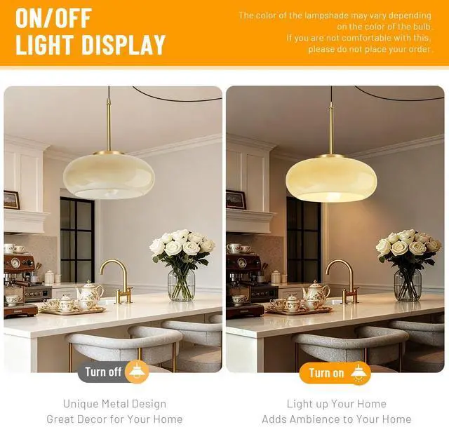 Alt view image 4 of 7 - Plug in Hanging Lamp Milk Yellow Pendant Light Plug in Cord Glass Globe Pendant Light Gold Brass Swag Lights with 14.7 ft Cord On/Off Switch Mid Century Modern Hanging lamp Kitchen