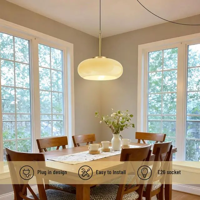 Alt view image 6 of 7 - Plug in Hanging Lamp Milk Yellow Pendant Light Plug in Cord Glass Globe Pendant Light Gold Brass Swag Lights with 14.7 ft Cord On/Off Switch Mid Century Modern Hanging lamp Kitchen