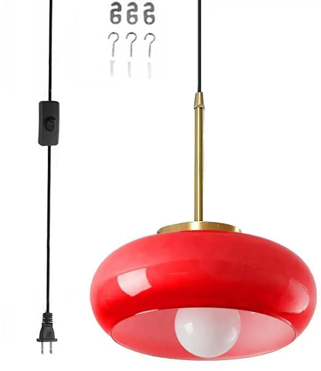 Main image of Red Hanging Lamp Milk Glass Pendant Light Gold Plug in Pendant Light Glass Globe Swag Lights with 14.7 ft Cord On/Off Switch Mid Century Modern Pendant Lights for Kitchen Dining Room