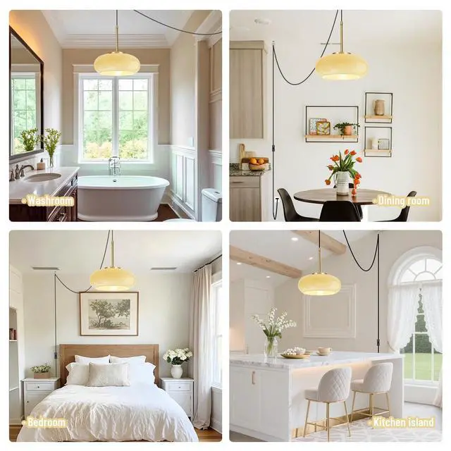 Alt view image 7 of 7 - Plug in Hanging Lamp Milk Yellow Pendant Light Plug in Cord Glass Globe Pendant Light Gold Brass Swag Lights with 14.7 ft Cord On/Off Switch Mid Century Modern Hanging lamp Kitchen