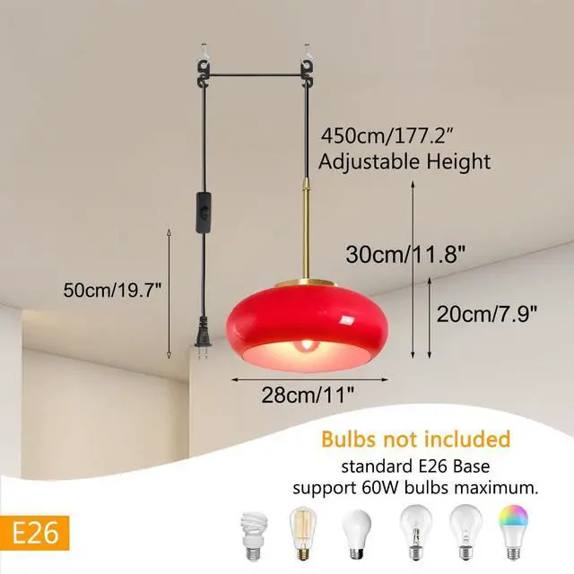 Alt view image 2 of 7 - Red Hanging Lamp Milk Glass Pendant Light Gold Plug in Pendant Light Glass Globe Swag Lights with 14.7 ft Cord On/Off Switch Mid Century Modern Pendant Lights for Kitchen Dining Room