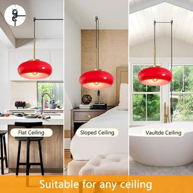 Alt view image 3 of 7 - Red Hanging Lamp Milk Glass Pendant Light Gold Plug in Pendant Light Glass Globe Swag Lights with 14.7 ft Cord On/Off Switch Mid Century Modern Pendant Lights for Kitchen Dining Room