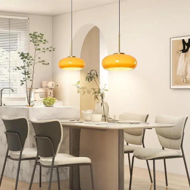 Alt view image 3 of 7 - Orange Pendant Light Glass Hanging Lamp Gold Brass 1-Light Kitchen Island Pendant Light Fixtures with Orange Dome Glass Shade Mid Century Modern Pendant Lighting for Living Dining Room