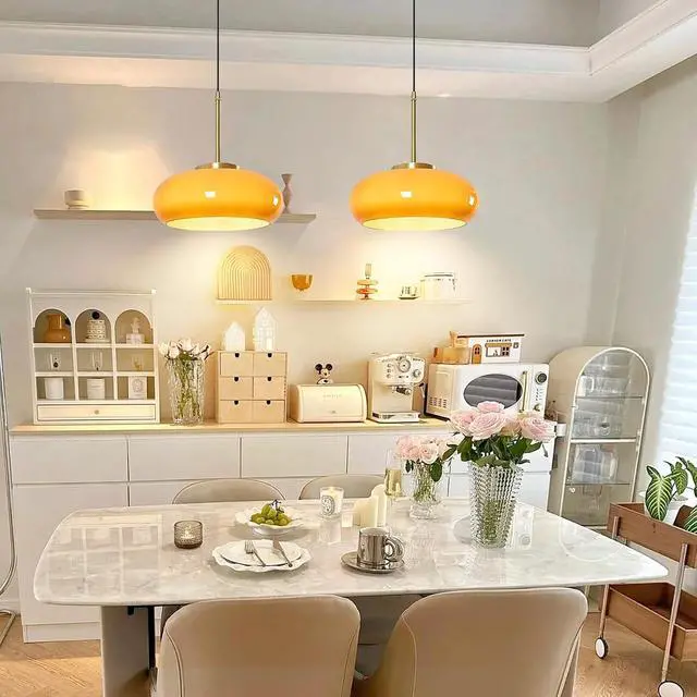 Alt view image 4 of 7 - Orange Pendant Light Glass Hanging Lamp Gold Brass 1-Light Kitchen Island Pendant Light Fixtures with Orange Dome Glass Shade Mid Century Modern Pendant Lighting for Living Dining Room