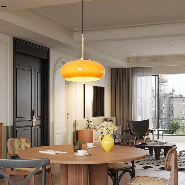 Alt view image 7 of 7 - Orange Pendant Light Glass Hanging Lamp Gold Brass 1-Light Kitchen Island Pendant Light Fixtures with Orange Dome Glass Shade Mid Century Modern Pendant Lighting for Living Dining Room