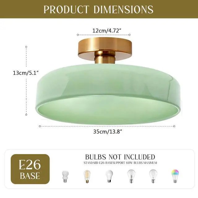 Alt view image 2 of 7 - Mid Century Flush Mount Ceiling Light - Dome Milk Green Glass Shade Gold Brass Modern Close to Ceiling Lamp Round Glass Flush Mount Lights Fixture for Hallways Foyer Nursery Upstairs