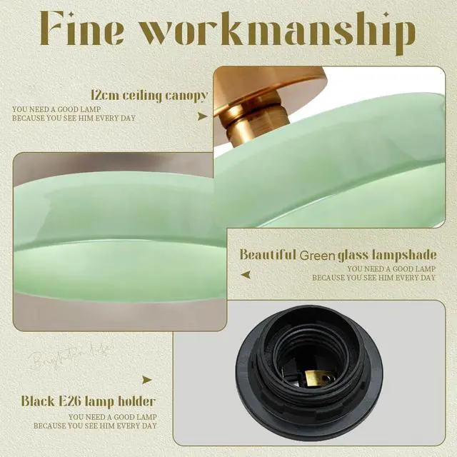 Alt view image 3 of 7 - Mid Century Flush Mount Ceiling Light - Dome Milk Green Glass Shade Gold Brass Modern Close to Ceiling Lamp Round Glass Flush Mount Lights Fixture for Hallways Foyer Nursery Upstairs