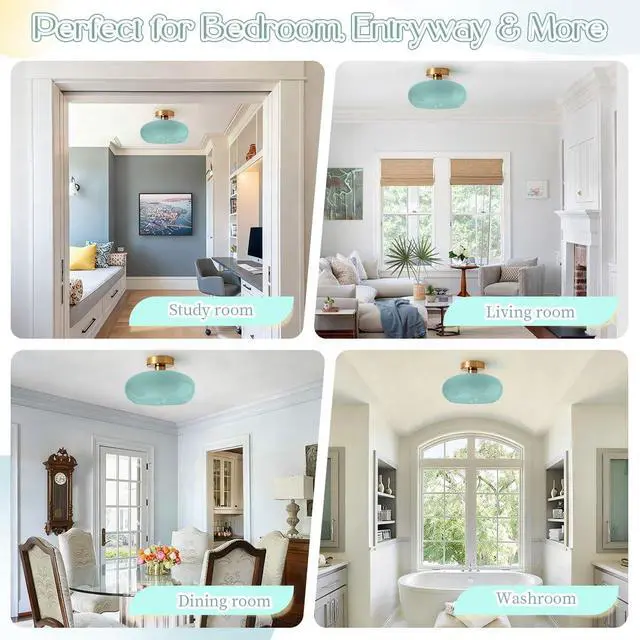 Alt view image 4 of 7 - Blue Ceiling Light 1-Lamp Glass Flush Mount Ceiling Light Fixtures Milk Glass Shade Mid Century Flush Mount Lights Gold Brass Copper Close to Lighting for Hallway Entrance